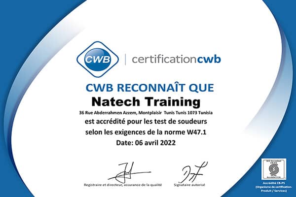 Certificat CWB en soudure de Natech Training